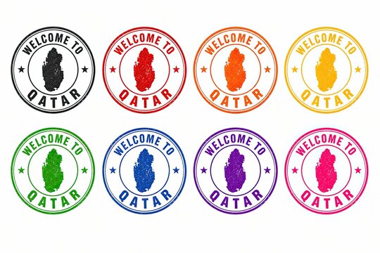 Set of colorful Qatar map stamps in circular shapes