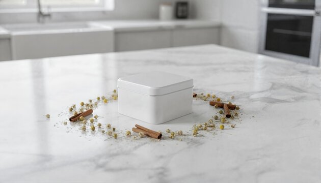 Premium white square tin container on a minimalist marble kitchen counter with dried chamomile