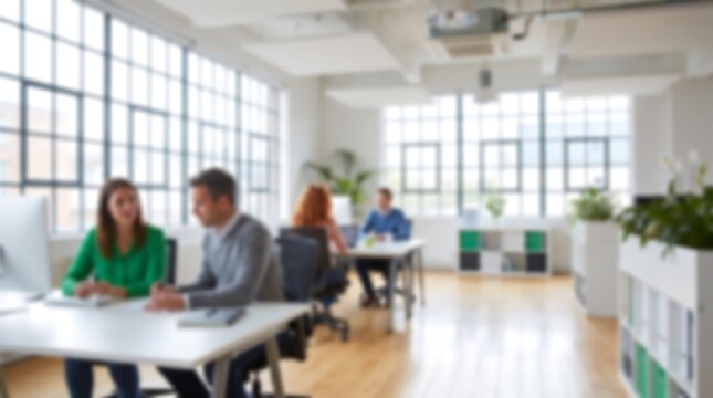 Two colleagues sitting at a white desk in a bright airy modern office environment having a professional discussion while working on laptops and reviewing business documents together