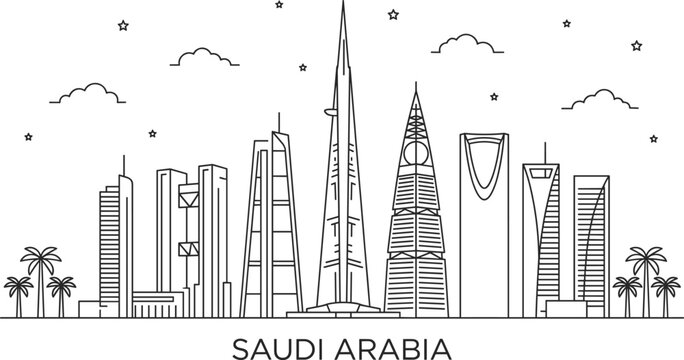 Saudi Arabia city skyline panorama featuring Riyadh and Jeddah modern skyscrapers architecture famous landmarks vector illustration