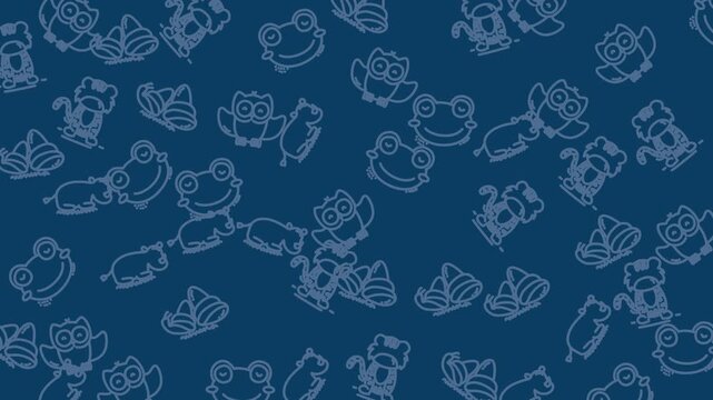 Blue background with cute cartoon owls, frogs, monkeys, butterflies, playful shapes. Perfect for kids products, stationery, and childrens designs.
