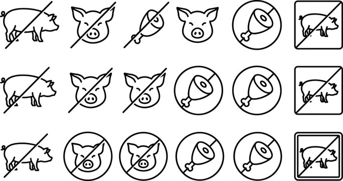 Pig and Meat Prohibition Icon Set Featuring Outlined Pig Faces, Ham Symbols, and Restricted Food Graphics for Dietary and Cultural Labels