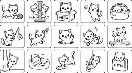 Fototapeta premium Cute cartoon kitten in different playful poses and activities vector illustration