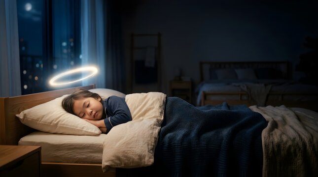 Little girl sleeping peacefully in bed with a glowing halo at night