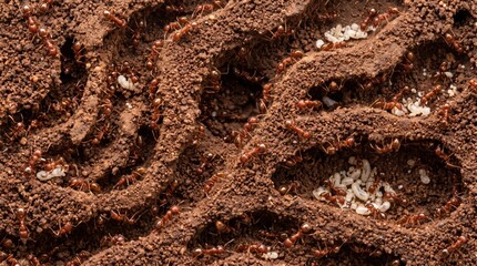 Fototapeta premium Close-up view of an ant colony nest with numerous red ants moving through intricate soil tunnels, carrying white larvae and pupae within the textured brown earth structure