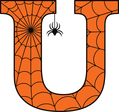 Halloween Letter U Vector Illustration with Spooky Spiderweb Pattern and Hanging Spider on Orange Background - Perfect for Party Invitations, Holiday Decor, and Creepy Graphic Design Projects
