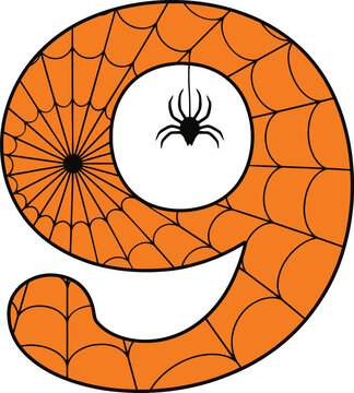 Halloween Number 9 Illustration with Spooky Spider Web Pattern and Small Hanging Spider Vector Design for Scary Party Invitations, Holiday Decorations, and Typography Projects.