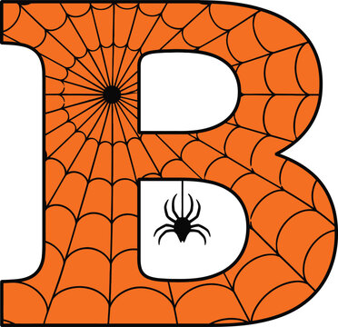 Halloween Letter B Illustration with Spooky Spider Web Pattern and Small Black Spider Hanging. Bright Orange Festive Alphabet Character for October Party Decorations and Scary Designs.