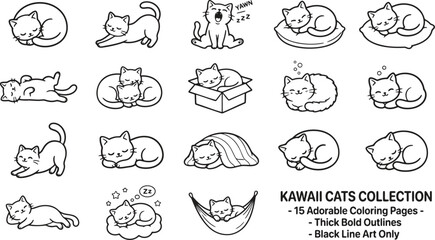 Fototapeta premium Cute kawaii cats in different poses for coloring book pages with bold outlines