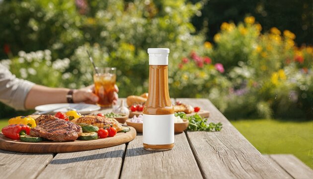 Professional sauce bottle with a white label at a sunny outdoor garden barbecue