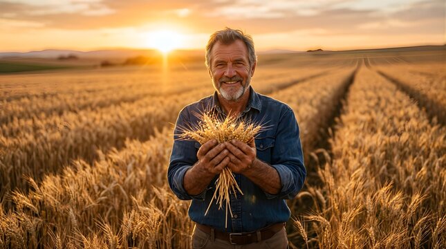 Mature farmer holding golden wheat in a field during a sunny sunset