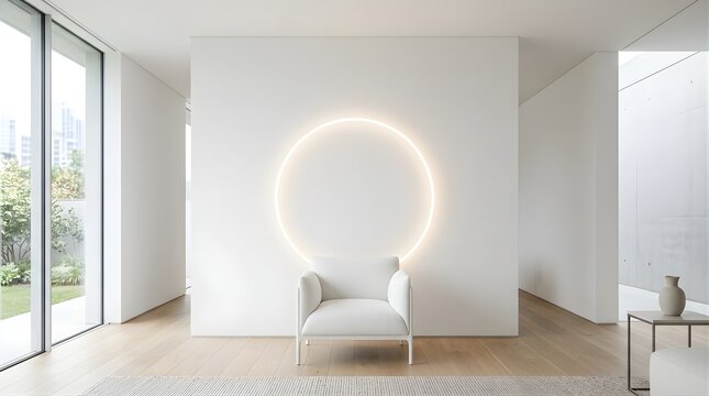 Modern minimal living room interior featuring white armchair and neon light