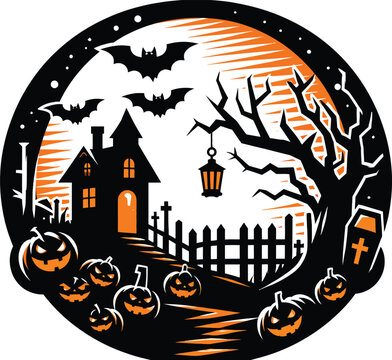Spooky Halloween Night Vector Illustration Featuring a Haunted House, Flying Bats, Jack-O'-Lanterns, and a Graveyard in a Circular Silhouette Style - Ideal for Festive Party Designs.