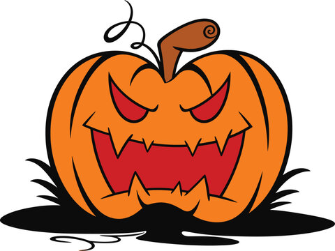 Scary Halloween Jack-o'-lantern Vector Illustration with Toothy Grin and Red Eyes, Spooky Orange Pumpkin Monster Character for Autumn Holiday Party Decorations and Graphic Design Projects.