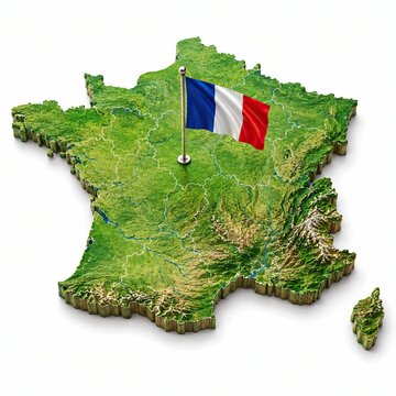3D Map of France with a French flag isolated on a white background