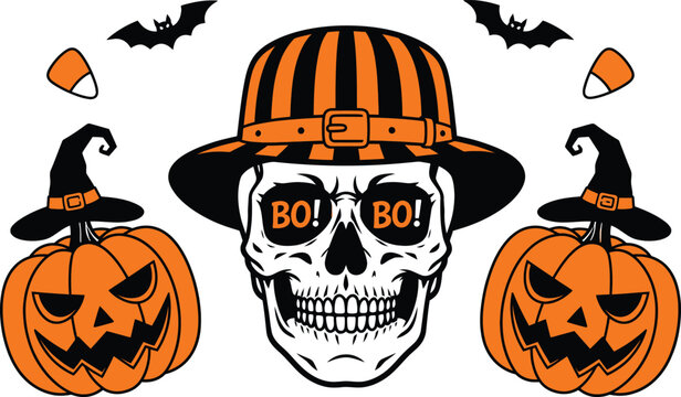 Spooky Halloween Skull Illustration with Striped Hat and Sunglasses, Jack-o'-lanterns in Witch Hats, Bats and Candy Corn - Cool Vector Graphic Design for Festive T-shirts and Party Decor