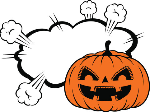 Spooky Halloween Jack-O-Lantern with Comic Book Explosion Speech Bubble. Orange Pumpkin Vector Illustration in Pop Art Style for Party Posters, Social Media, and Creative Festive Designs.