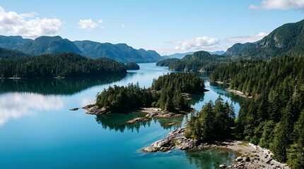 Naklejka premium Beautiful landscape of a calm blue fjord surrounded by dense evergreen forests and majestic mountain peaks in summer