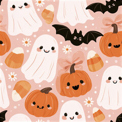 Fototapeta premium Cute coquette Halloween seamless pattern with smiling ghost, pumpkin, bat, candy corn, and daisy flowers on pink background