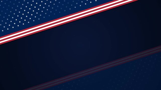 Majestic diagonal American USA flag banner on a dark blue background. This seamless patriotic motion graphic loop is perfect for 4th of July and election videos with copy space.