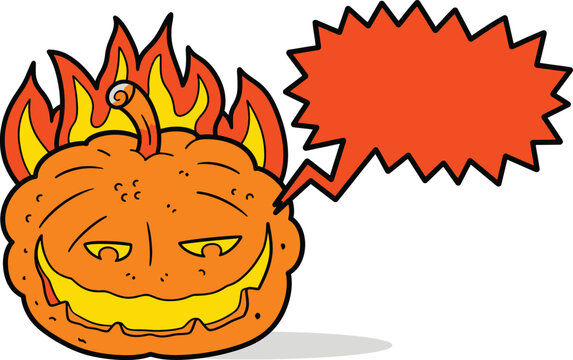 Halloween Pumpkin on Fire Illustration, Burning Jack-o'-Lantern with Blank Speech Bubble, Spooky Cartoon Vector Design for Autumn Celebrations, Party Invitations and Greeting Cards.