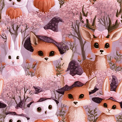 Naklejka premium Cute fox rabbit deer owl pattern with pink flowers and pumpkins, whimsical forest animals wearing witch hats and bows