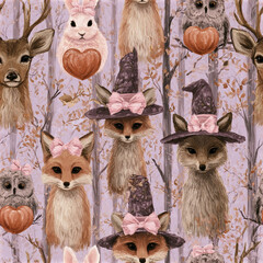 Naklejka premium Cute fox owl deer and rabbit with pink bow and witch hat in autumn forest pattern with heart pumpkin