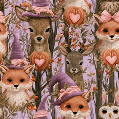 Naklejka premium Cute fox and deer pattern with purple witch hats and heart pumpkins in whimsical forest setting