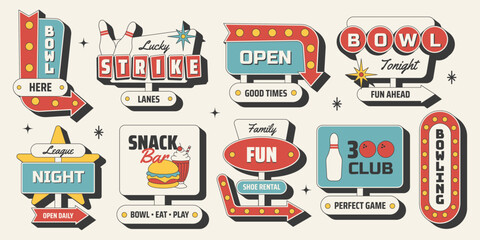 Fototapeta premium Retro bowling sticker set with vintage roadside signs, bowling pins, balls, arrows, snack bar and fun slogans in midcentury 50s style. Vector illustration for sports, leisure and entertainment
