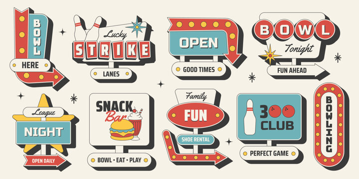 Retro bowling sticker set with vintage roadside signs, bowling pins, balls, arrows, snack bar and fun slogans in midcentury 50s style. Vector illustration for sports, leisure and entertainment