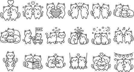 Obraz premium Cute cartoon cats playing and showing different emotions and activities in fun poses