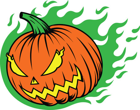 Flaming Halloween Jack-o'-lantern Vector Art Featuring a Spooky Pumpkin Face with Glowing Yellow Eyes and Intense Green Fire Trails, Ideal for Scary Party Posters and Harvest Celebrations.