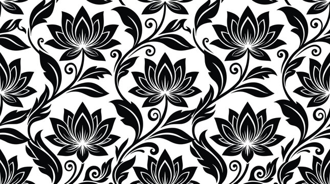 Black and white floral damask seamless pattern vector illustration featuring decorative lotus flowers and vintage leafy vines
