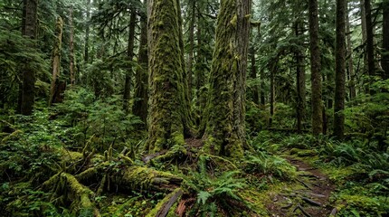 Fototapeta premium Lush Ancient Temperate Rainforest with Moss Covered Trees Green Ferns and Natural Trail Through Dense Pristine Woods