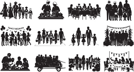 Fototapeta premium Collection of black silhouettes featuring families and groups celebrating halloween, dining, hayrides, and festive gatherings on white background