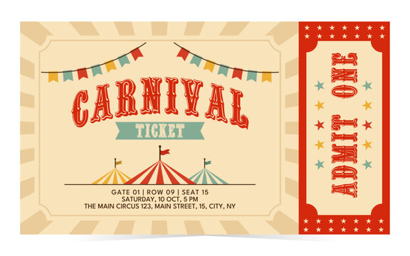 Retro carnival ticket template with admit one text in classic amusement park style. Mid century Americana vector illustration