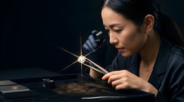 Professional female jeweler examining a sparkling diamond with a loupe