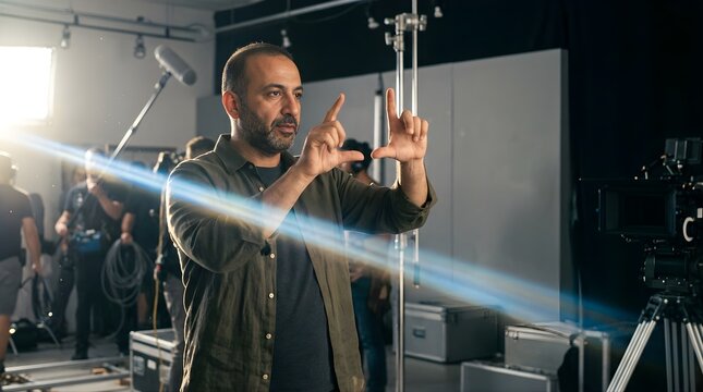 Professional film director framing a shot on a busy movie studio set