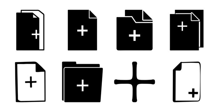 Flat document and folder icons with plus signs - Minimalist set of eight black flat icons showing documents and folders with plus signs for adding or editing content.