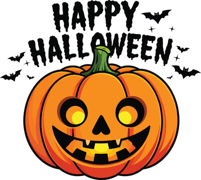 Happy Halloween Vector Illustration Featuring a Smiling Jack-O'-Lantern Pumpkin with Glowing Eyes, Flying Bats and Spooky Dripping Text for Holiday Greeting Cards and Party Poster Designs.
