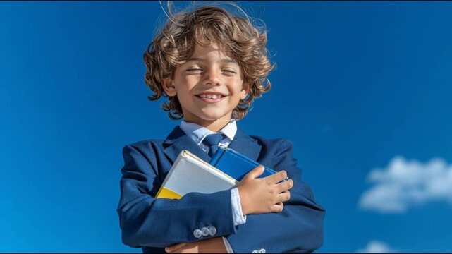 Child smiles and holds books under a blue sky during a sunny day