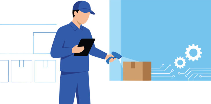 Warehouse worker scanning parcel package with barcode reader for digital inventory tracking and logistics fulfillment vector illustration