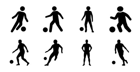 Obraz premium Black and white soccer players in action icons - Set of simple black and white vector icons showing soccer players in various action poses with a ball.