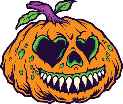 Creepy Halloween Jack-o'-lantern Vector Illustration with Spooky Heart Eyes, Sharp Teeth, and Vibrant Green Accents for Seasonal Horror Decor, T-shirt Designs, and Festive Graphics.