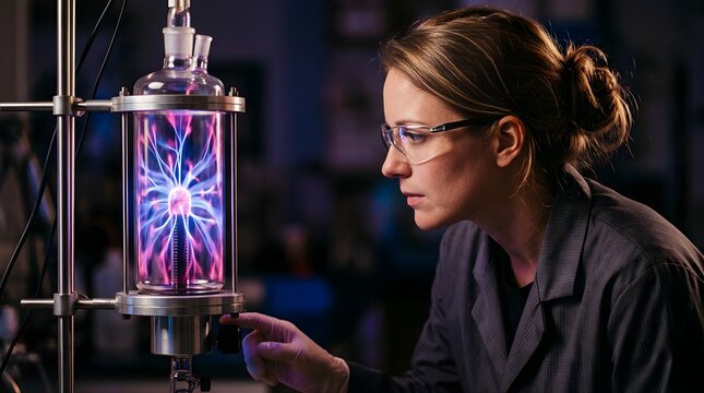 Scientist conducting plasma physics experiment in a modern laboratory