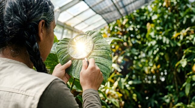 Scientist examining plant leaf with magnifying glass in greenhouse