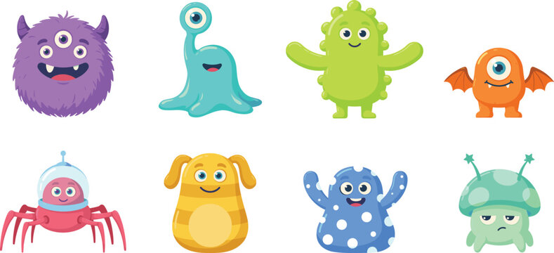Cute Cartoon Monster and Alien Character Vector Set with Friendly Colorful Creatures, One Eyed Mutants, Spiders, and Blob Icons for Kids Graphic Designs