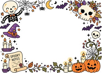 Fototapeta premium Kawaii Halloween Border Frame with Cute Skeleton, Jack-O-Lantern Pumpkins, Witch Hat, and Floral Sugar Skull Illustration for Festive Spooky Invitations, Cards, and Kids Party Stationery