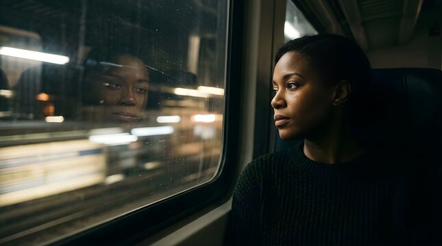 Thoughtful woman looking out of a train window at night while traveling