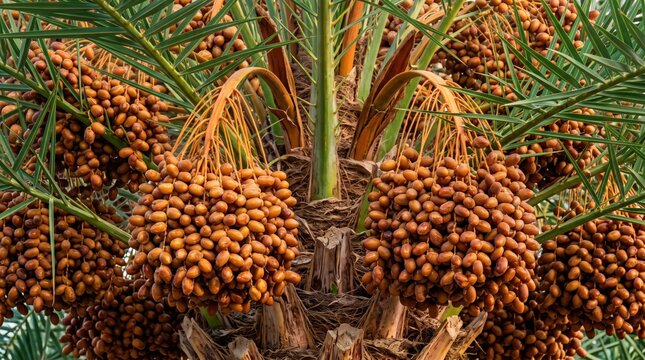 Close-up view of multiple heavy clusters of ripening brown dates hanging from a lush green date palm tree, agricultural harvest scene in natural sunlight